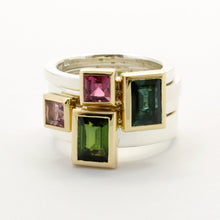 Silver ring with pink tourmaline in 18ct yellow gold